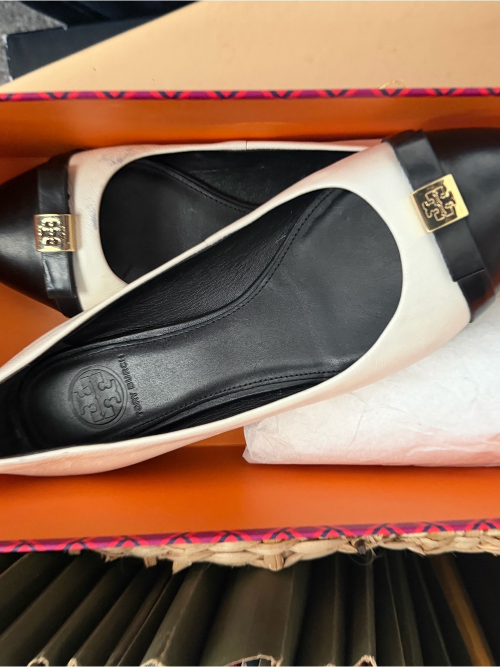 Tory Burch Black and White Cap-Toe Logo Ballet Flats